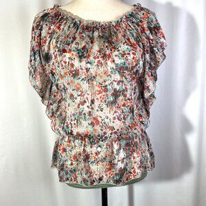 Abstract Floral Print Blouse Batwing Sleeves Sheer Multi Color Size M
